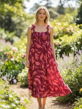 Women's Pink Floral Midi Sundress - Sleeveless Tie-Strap